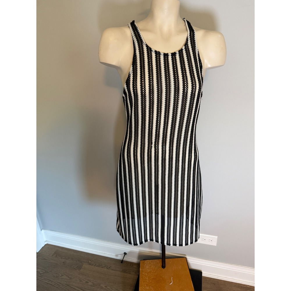 BECCA by Rebecca Virtue Black White Striped Knit Swim Cover Up Dress Medium